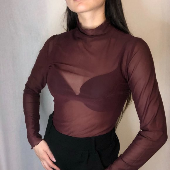 Maroon Mesh Cover Up Top, Long Sleeved Low Turtleneck - Picture 2 of 10